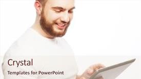  Presentation with tehnology - Presentation theme enhanced with tehnology and lifestyle concept young man wearing white t-shirt using a tablet computer - isolated over a white background background and a lemonade colored foreground