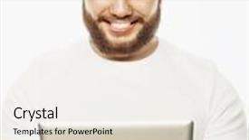  Presentation with tehnology - PPT layouts having tehnology and lifestyle concept young man wearing white t-shirt using a tablet computer - isolated over a white background background and a sky blue colored foreground