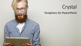  Presentation with tehnology - Amazing presentation theme having tehnology education and lifestyle concept young man using a tablet computer - over gray background backdrop and a light gray colored foreground