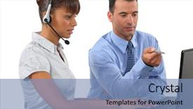  Presentation with employees working together - PPT theme having tele - businessman and businesswoman working together background and a teal colored foreground