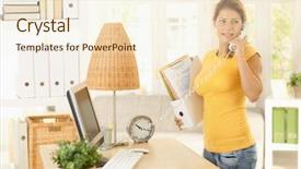  Presentation with pink home office - Colorful PPT theme enhanced with tele - happy young woman working backdrop and a cream colored foreground