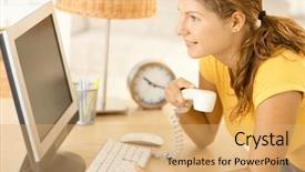  Presentation with woman office desk - Beautiful PPT layouts featuring tele - happy young woman working backdrop and a coral colored foreground