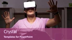  Presentation with virtual - Slide deck featuring tele - male student with virtual glasses background and a violet colored foreground