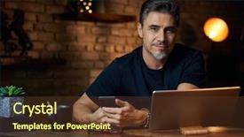  Presentation with desk - Slide deck having tele - older white man sitting background and a tawny brown colored foreground