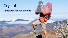  Presentation with outdoor clothes for hiking - Slide deck with tele - photographer taking pictures outdoors background and a light blue colored foreground