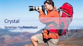  Presentation with outdoor clothes for hiking - Cool new PPT layouts with tele - photographer taking pictures outdoors backdrop and a sky blue colored foreground