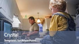  Presentation with over the counter - PPT theme having tele - toddler boy sitting on kitchen background and a ocean colored foreground