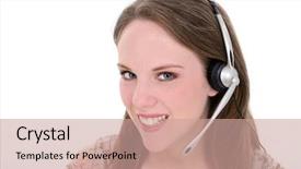  Presentation with customer service excellence - PPT theme consisting of tele communication - beautiful young woman with headset background and a coral colored foreground