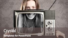  Presentation with old young - Beautiful slide deck featuring tele communication - young woman with old retro backdrop and a dark gray colored foreground