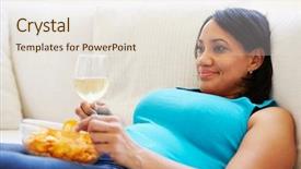  Presentation with eating - Presentation theme having overweight woman at home eating background and a sky blue colored foreground
