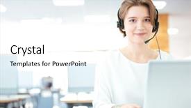  Presentation with cute - Cool new theme with telecom - smiling cute young woman customer backdrop and a white colored foreground
