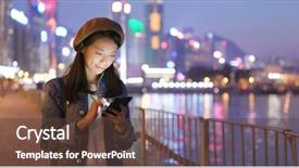  Presentation with phone tower - PPT layouts having telecom tower - woman look at smart phone background and a tawny brown colored foreground