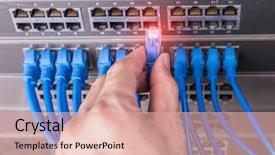  Presentation with servers - Beautiful PPT layouts featuring telecommunication - administrator holding network cables connected backdrop and a coral colored foreground