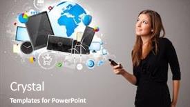  Presentation with telecommunication - Presentation design with telecommunication - beautiful young woman standing background and a gray colored foreground