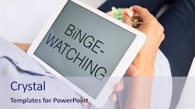  Presentation with popcorn - Amazing slide set having telecommunication - closeup of a young caucasian backdrop and a sky blue colored foreground