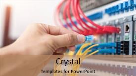  Presentation with fiber optic - PPT layouts having telecommunication - hand of administrator holding optic background and a coral colored foreground