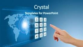  Presentation with touch screen - PPT theme having telecommunication - hand pushing touch screen button background and a ocean colored foreground