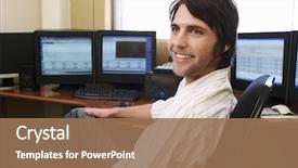  Presentation with front desk - Audience pleasing slide set consisting of telecommunication - handsome young man sitting backdrop and a coral colored foreground