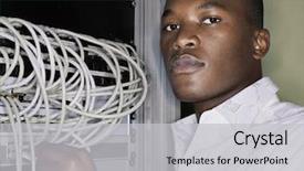  Presentation with server room - Presentation design consisting of telecommunication - portrait of network engineer working background and a light gray colored foreground