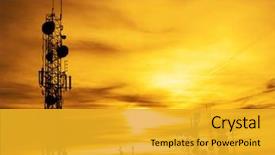  Presentation with telecommunication - PPT theme featuring telecommunication - several radio towers with sunset background and a gold colored foreground