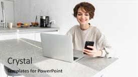  Presentation with laptop - Slide deck having telecommunication - smiling young woman working background and a light gray colored foreground