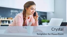  Presentation with kitchen - Presentation design having telecommunication - young woman sits background and a light blue colored foreground