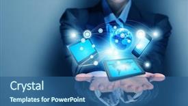  Presentation with telecommunication - Colorful PPT theme enhanced with telecommunication computer - close up image of businesswoman backdrop and a ocean colored foreground