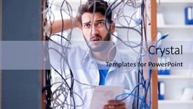  Presentation with computer network - Colorful theme enhanced with telecommunication engineer - computer repairman working on repairing backdrop and a light blue colored foreground