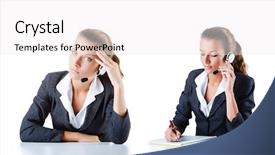  Presentation with call center software - Colorful theme enhanced with telecommunication free - call center assistant responding backdrop and a  colored foreground