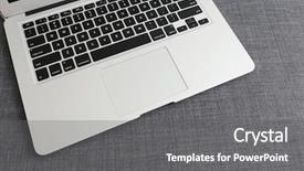  Presentation with laptop computers around the world backgroun - Slide set consisting of telecommunication free - laptop on blue cloth background background and a gray colored foreground