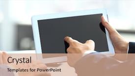  Presentation with digital - Colorful presentation enhanced with telefon computer mail - businessman holding digital tablet backdrop and a coral colored foreground