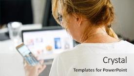  Presentation with middle ages - Colorful PPT theme enhanced with telefon computer mail - middle-aged woman using phone backdrop and a  colored foreground