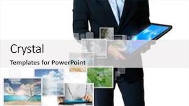  Presentation with tablet - PPT layouts featuring telefon computer mail - touch tablet concept images streaming background and a white colored foreground