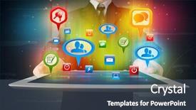  Presentation with tablet - Slides enhanced with telefon computer mail - young businessman presenting modern tablet background and a ocean colored foreground