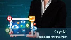  Presentation with music sign colorful - Colorful slide set enhanced with telefon computer mail - young girl presenting a tablet backdrop and a ocean colored foreground