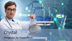  Presentation with telehealth - Presentation featuring medical robot surgery - telehealth concept with doctor doing background and a light blue colored foreground