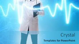  Presentation with telemedicine - Beautiful PPT theme featuring telemedicine-concept-with-doctor-pressing backdrop and a light blue colored foreground