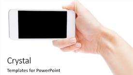  Presentation with white blank notebook silver - Cool new presentation theme with telephone 3g - hand holding white smartphone backdrop and a  colored foreground
