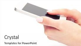  Presentation with white blank notebook silver - Slide deck enhanced with telephone 3g - hand holding white smartphone background and a  colored foreground