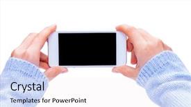  Presentation with blank - Cool new slide deck with telephone 3g - hand holding white smartphone backdrop and a  colored foreground