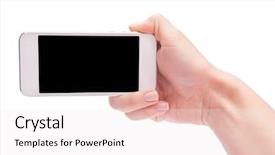  Presentation with white blank notebook silver - Cool new theme with telephone 3g - hand holding white smartphone backdrop and a  colored foreground