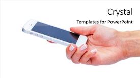  Presentation with white blank notebook silver - Slides having telephone 3g - hand holding white smartphone background and a  colored foreground