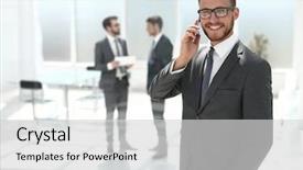  Presentation with next - Beautiful theme featuring telephone banking - businessman with mobile phone standing backdrop and a light gray colored foreground