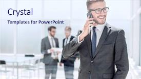  Presentation with mobile phone addiction - Colorful PPT theme enhanced with telephone banking - businessman with mobile phone standing backdrop and a sky blue colored foreground