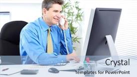  Presentation with working - Beautiful PPT layouts featuring telephone banking - handsome smiling business man working backdrop and a  colored foreground