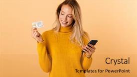  Presentation with telephone mobile - Slide deck enhanced with telephone banking - portrait of a happy young background and a  colored foreground