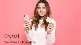  Presentation with telephone mobile - Presentation theme having telephone banking - portrait of a positive young background and a coral colored foreground