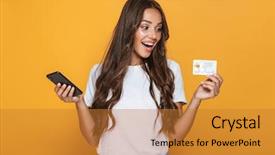  Presentation with telephone mobile - PPT layouts with telephone banking - portrait of a surprised young background and a gold colored foreground