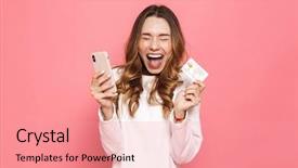  Presentation with telephone mobile - Presentation design enhanced with telephone banking - portrait of an excited young background and a coral colored foreground