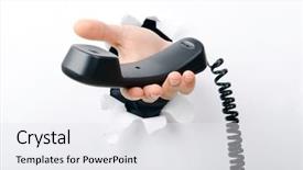  Presentation with automobile driver hand hold steering - Slides featuring telephone communication - hand holding phone through hole background and a white colored foreground